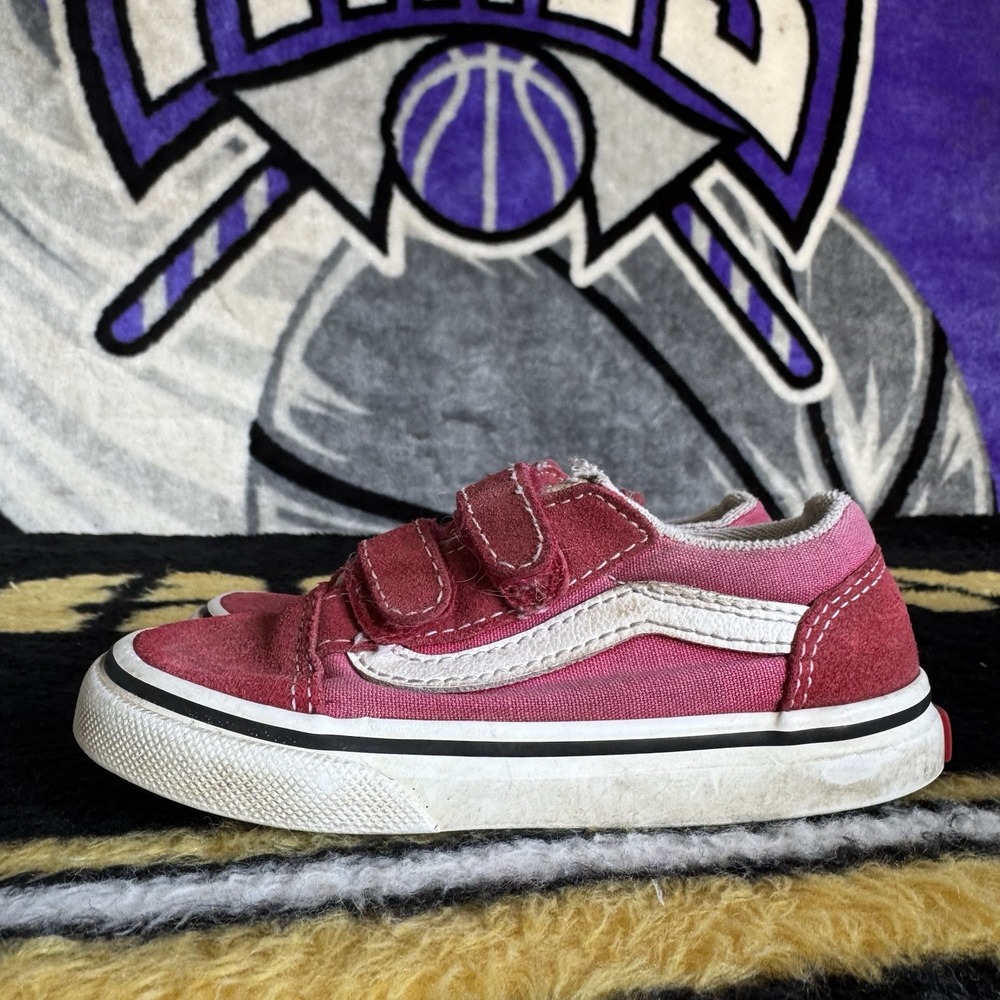 Size 8.5c - Vans Old Skool V Toddler Red Hook & Loop Canvas Suede Sneakers Shoes